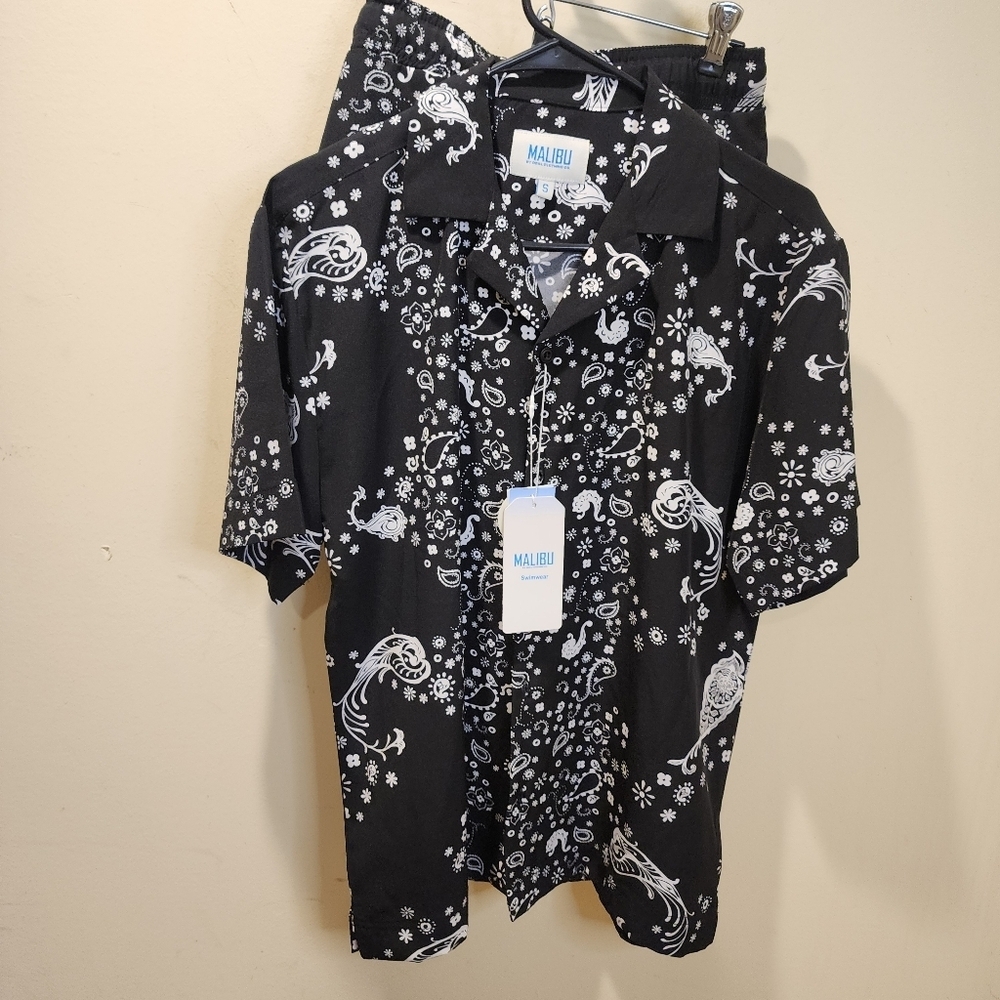 Malibu Black and White Men's Shirt And Short Beachy Set Size S